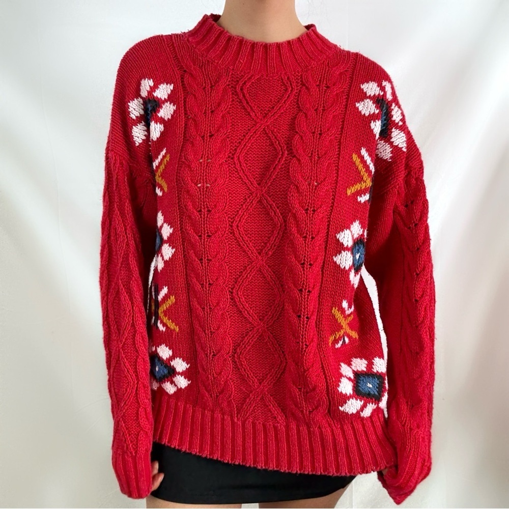 Vintage 80s red knit sweater Nordic Spettro floral butterfly cottage large women